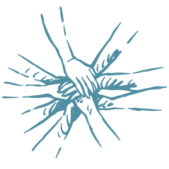 Sketchy icon of a bunch of hands gathered together.