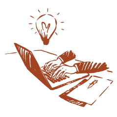 Sketchy icon of a person typing on a laptop with a lightbulb above it.